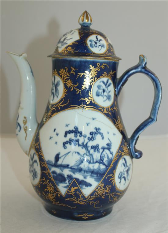 A Worcester powder blue ground coffee pot and cover, c.1760-70, 23cm, damaged